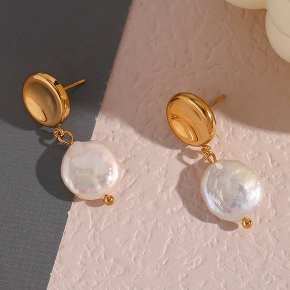 18K Gold Plated Round Stud Fresh Water Pearl Drop Earrings Stainless Steel - Picture 6 of 8